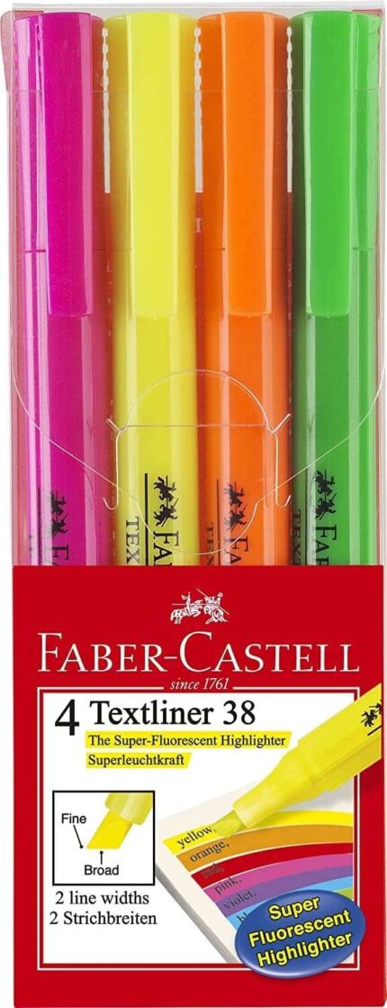 Faber-Castell Textliner 38 Confezione da 4 pennarelli fluorescenti - Corpo sottile - Punta smussata - Tratto spesso e sottile - Inchiostro a base d'acqua - Colori assortiti