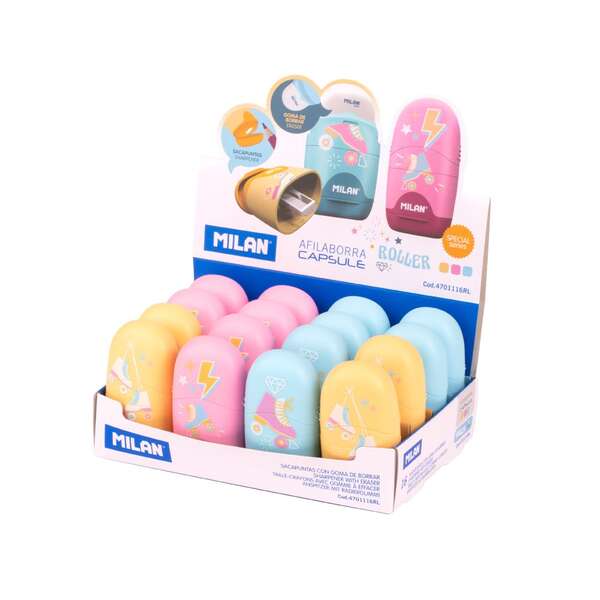 Milan Capsule Roller Espositore da 16 temperamatite Capsule con gomma da cancellare - Lama di sicurezza - Colori: blu