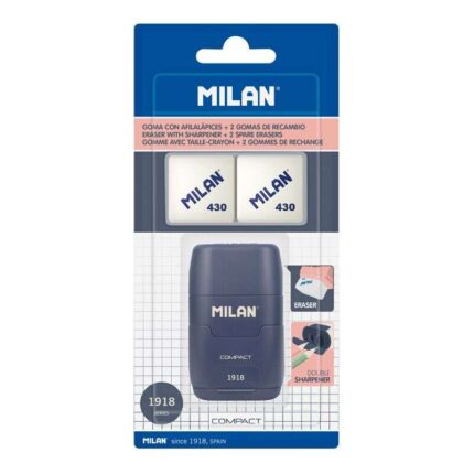 Milan Compact Serie 1918 Temperamatite Compact con 2 gomme da cancellare - Temperamatite doppio - Lama di sicurezza - Colore blu scuro