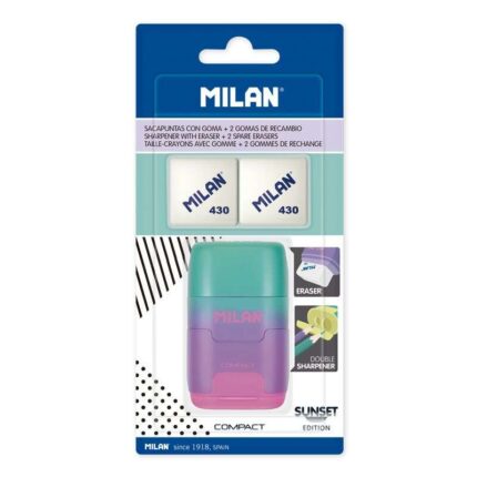 Milan Compact Sunset Temperamatite compatto con 2 gomme da cancellare - Temperamatite doppio - Lama di sicurezza - Colore turchese/viola/rosa