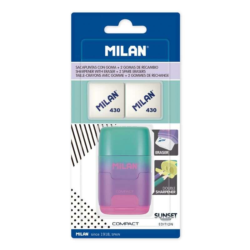 Milan Compact Sunset Temperamatite compatto con 2 gomme da cancellare - Temperamatite doppio - Lama di sicurezza - Colore turchese/viola/rosa