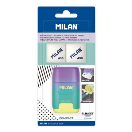Milan Compact Sunset Afilaborra Compact con 2 gomme da cancellare - Temperamatite doppio - Lama di sicurezza - Colore turchese/viola/giallo