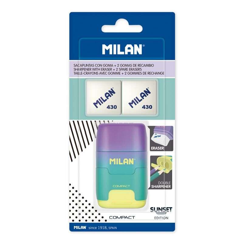 Milan Compact Sunset Afilaborra Compact con 2 gomme da cancellare - Temperamatite doppio - Lama di sicurezza - Colore turchese/viola/giallo Milan Compact Sunset Afilaborra Compact con 2 gomme da cancellare - Temperamatite doppio - Lama di sicurezza - Colore turchese/viola/giallo
