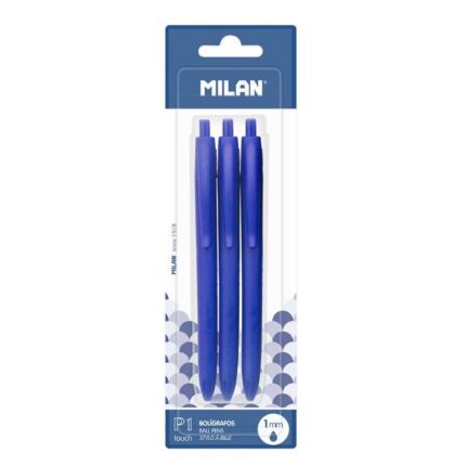 Milan P1 Touch Confezione da 3 penne a sfera retrattili - Punta rotonda 1 mm - Inchiostro a base di olio - Scrittura fluida - 1.200 m di scrittura - Colore blu