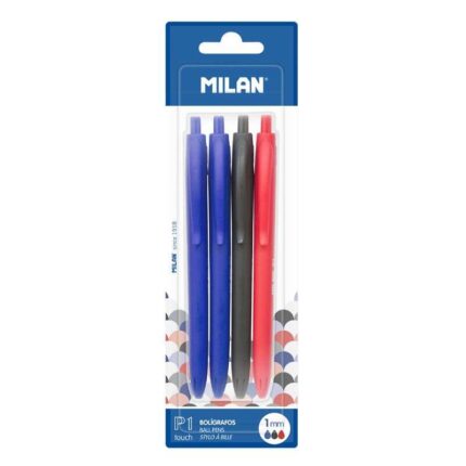 Milan P1 Touch Confezione da 4 penne a sfera retrattili - Punta rotonda 1 mm - Inchiostro a base di olio - Scrittura fluida - 1.200 m di scrittura - Colore blu x2
