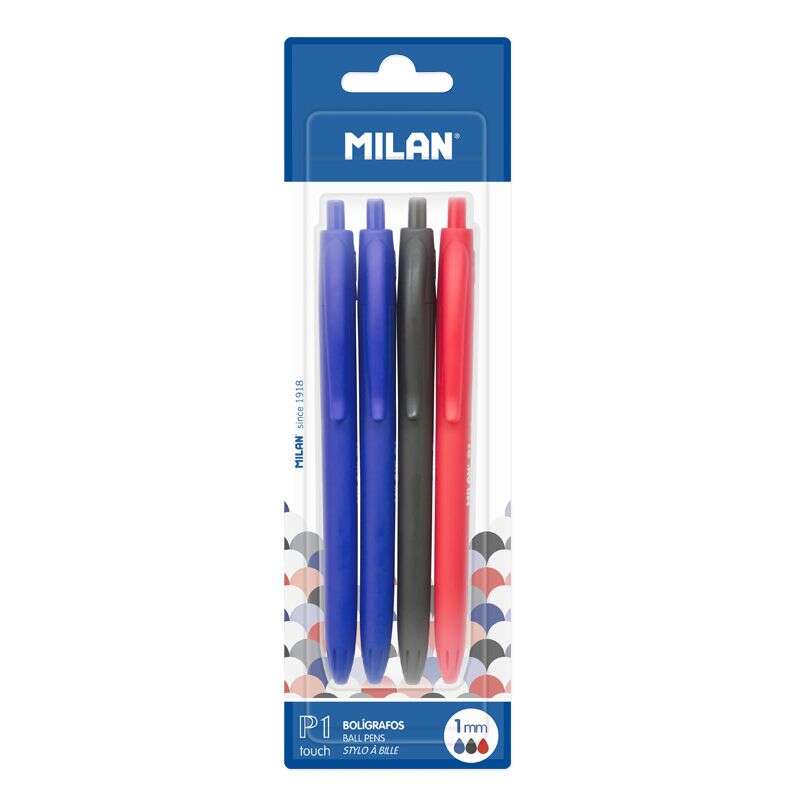 Milan P1 Touch Confezione da 4 penne a sfera retrattili - Punta rotonda 1 mm - Inchiostro a base di olio - Scrittura fluida - 1.200 m di scrittura - Colore blu x2