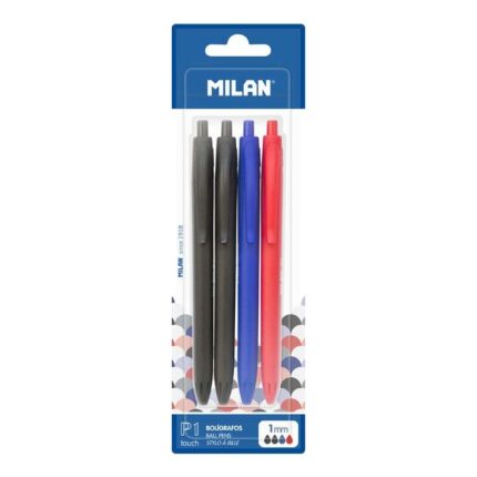 Milan P1 Touch Confezione da 4 penne a sfera retrattili - Punta rotonda da 1 mm - Inchiostro a base di olio - Scrittura fluida - 1.200 m di scrittura - Colori: nero x2