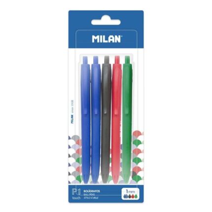Milan P1 Touch Confezione da 5 penne a sfera retrattili - Punta rotonda 1 mm - Inchiostro a base di olio - Scrittura fluida - 1.200 m di scrittura - Colori: blu x2