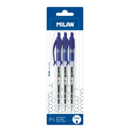 Milan P1 Confezione da 3 penne a sfera retrattili - Punta arrotondata 1 mm - Corpo trasparente - Colore blu