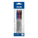 Milan P1 Confezione da 3 penne a sfera retrattili - Punta rotonda 1 mm - Corpo trasparente - Colori: blu