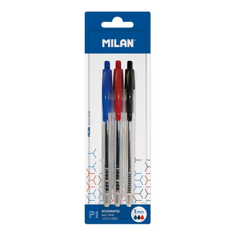 Milan P1 Confezione da 3 penne a sfera retrattili - Punta rotonda 1 mm - Corpo trasparente - Colori: blu