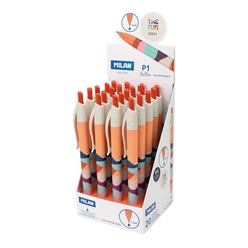 Milan P1 The Fun Espositore da 20 penne a sfera retrattili - Punta tonda 1 mm - Inchiostro blu
