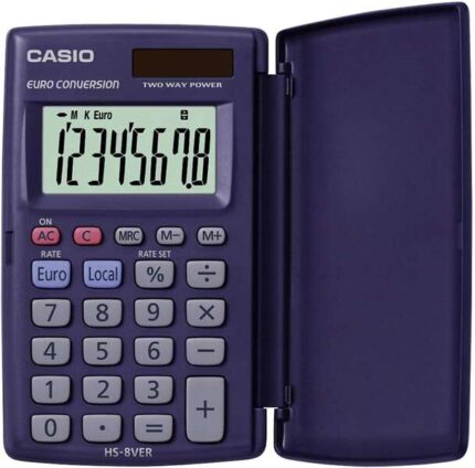 Casio HS-8VERA Calcolatrice tascabile con coperchio - Display LC extra-large a 8 cifre - Funzione convertitore di euro - Colore blu scuro