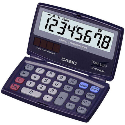 Casio SL-100VERA Calcolatrice tascabile a conchiglia - Display LC extra-large a 8 cifre - Funzione convertitore di euro - Colore blu scuro