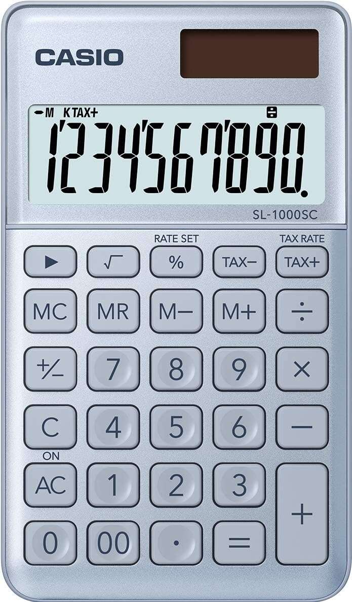 Casio SL-1000SC Calcolatrice tascabile - Display extra large a 10 cifre - Alimentazione solare e a batterie - Colore blu