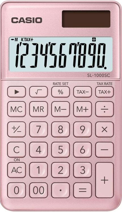 Casio SL-1000SC Calcolatrice tascabile - Display extra-large a 10 cifre - Alimentazione solare e a batterie - Colore rosa