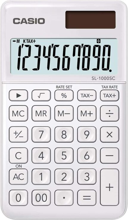 Casio SL-1000SC Calcolatrice tascabile - Display extra-large a 10 cifre - Alimentazione solare e a batterie - Colore bianco