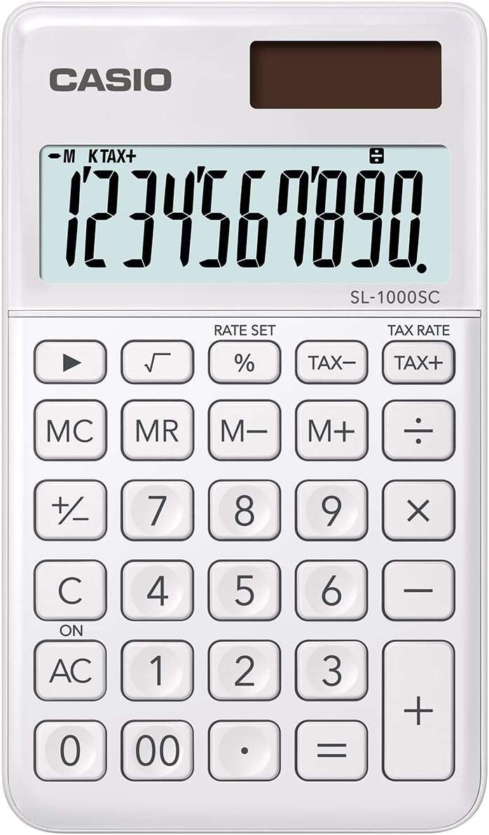 Casio SL-1000SC Calcolatrice tascabile - Display extra-large a 10 cifre - Alimentazione solare e a batterie - Colore bianco