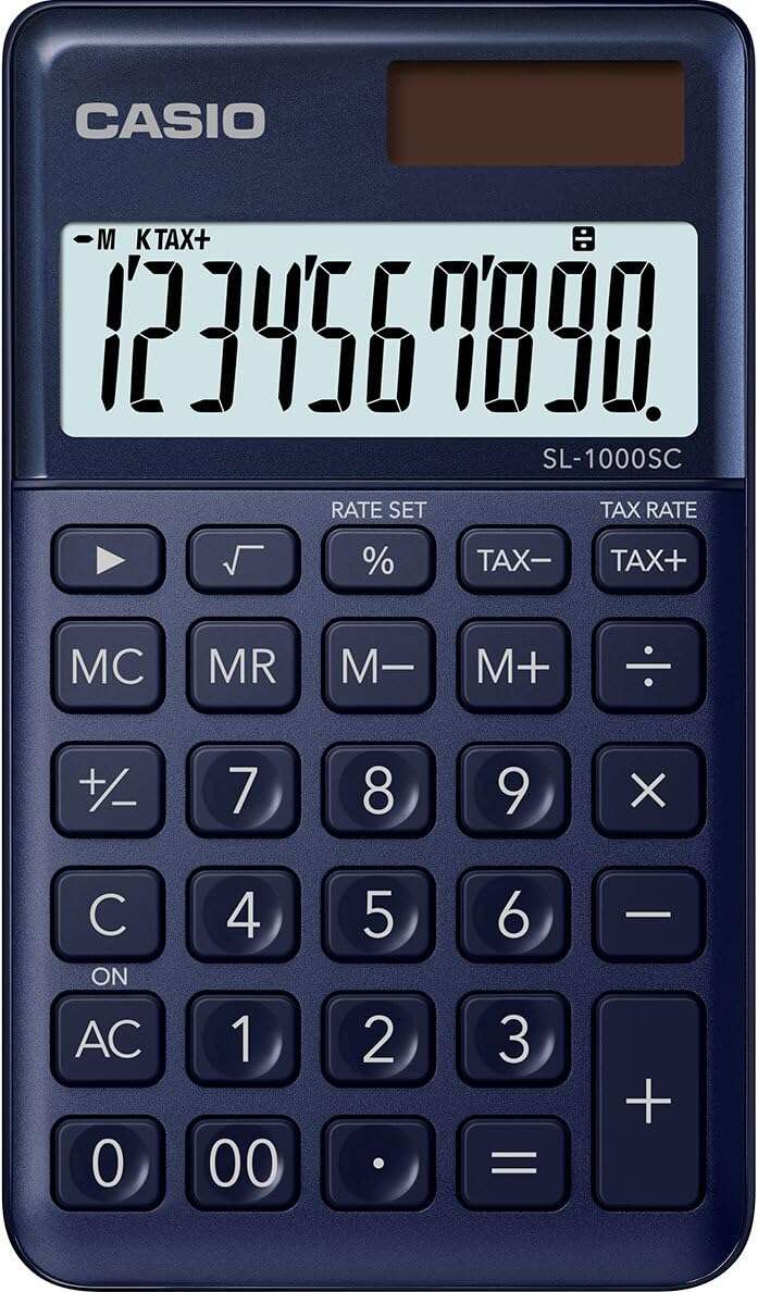 Casio SL-1000SC Calcolatrice tascabile - Display extra-large a 10 cifre - Alimentazione solare e a batterie - Colore blu scuro