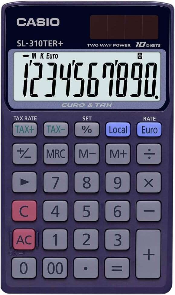 Casio SL-310TER+ Calcolatrice tascabile - Display LCD extra large a 10 cifre - Funzione convertitore di euro - Colore blu scuro