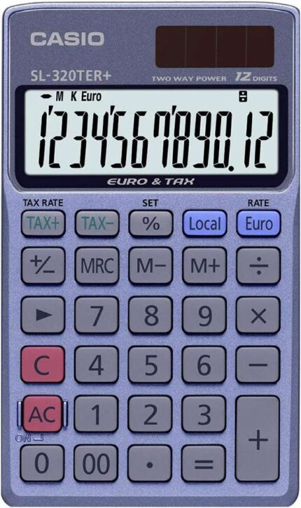 Casio SL-320TER+ Calcolatrice tascabile - Display LC extra-large a 12 cifre - Funzione convertitore di euro - Colore blu