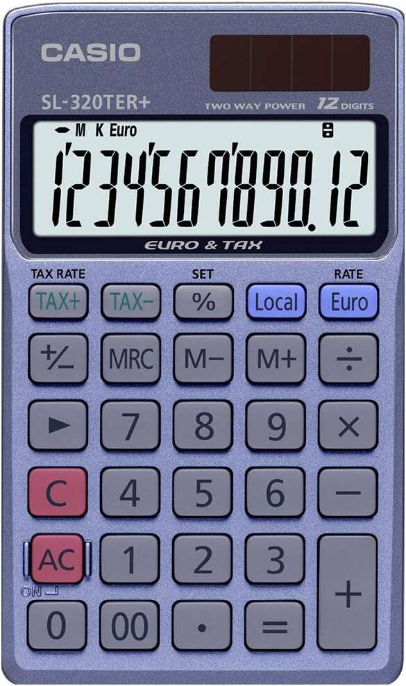 Casio SL-320TER+ Calcolatrice tascabile - Display LC extra-large a 12 cifre - Funzione convertitore di euro - Colore blu