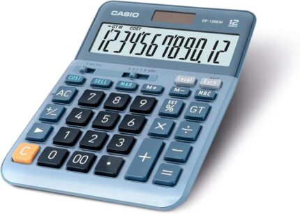 Casio DF-120EM Calcolatrice da tavolo - Display extra-large a 12 cifre - Alimentazione solare e a batterie - Colore blu