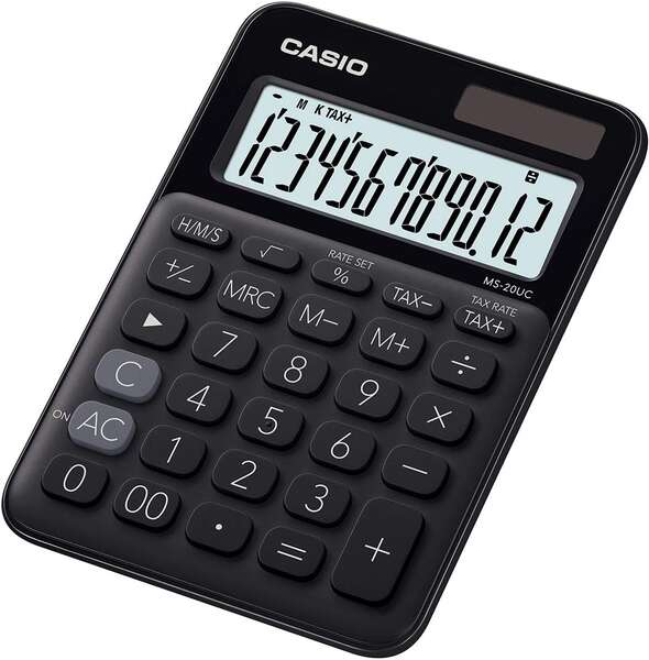 Casio MS-20UC Calcolatrice da tavolo compatta - Display LCD a 12 cifre - Alimentazione solare e a batterie - Colore nero
