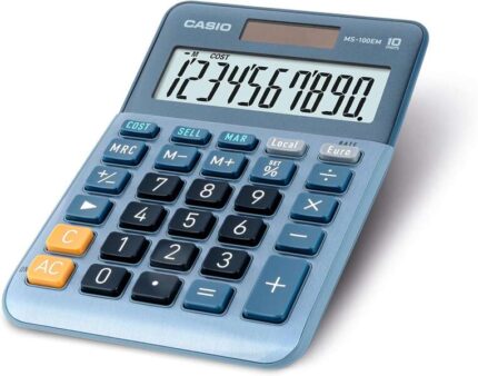 Casio MS-100EM Calcolatrice da tavolo compatta - Display LCD a 10 cifre - Alimentazione solare e a batterie - Colore blu
