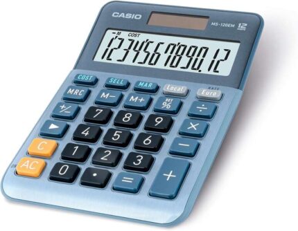 Casio MS-120EM Calcolatrice da tavolo compatta - Display LCD a 12 cifre - Alimentazione solare e a batterie - Colore blu