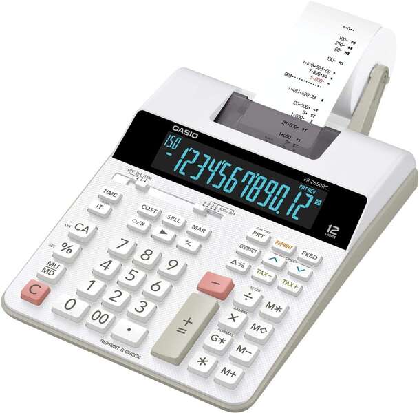 Casio FR-2650RC Calcolatrice stampante da tavolo - Stampa a 2 colori - Display a 12 cifre - Funzione orologio e calendario - Colore bianco