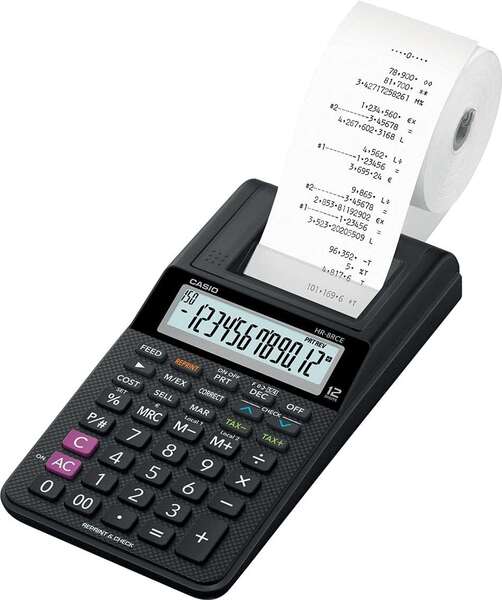 Casio HR-8RCE Calcolatrice stampante da tavolo compatta - Display a 12 cifre - Stampa a 2 righe al secondo - Colore nero