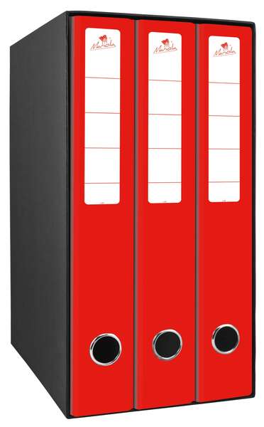 Mariola Box Modulo da 3 raccoglitori con Rado 2 anelli da 40 mm - Dimensioni 35x26x17 cm - Cartone rivestito - Colore rosso