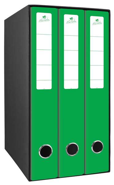 Mariola Box Modulo da 3 raccoglitori con Rado 2 anelli da 40 mm - Dimensioni 35x26x17 cm - Cartone rivestito - Colore verde