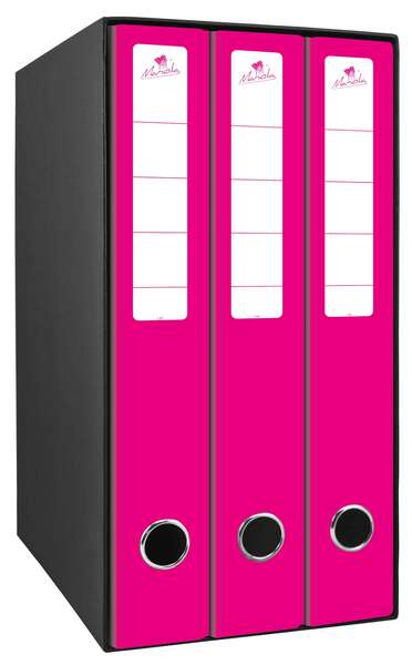 Mariola Box Modulo da 3 raccoglitori con Rado 2 anelli da 40 mm - Dimensioni 35x26x17 cm - Cartone rivestito - Colore fucsia