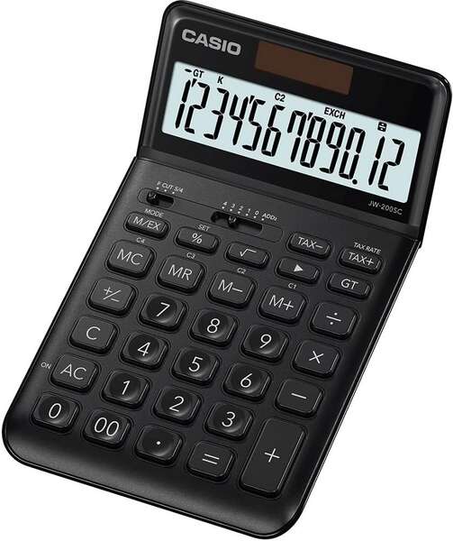 Casio JW-200SC Calcolatrice da tavolo a 12 cifre con inclinazione regolabile - Simboli di comando delle funzioni - Memoria totale generale e indipendente - Alimentazione solare e a batterie - Colore nero