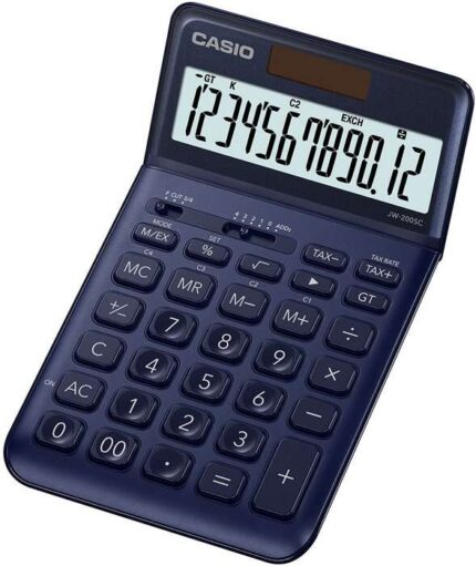 Casio JW-200SC Calcolatrice da tavolo a 12 cifre con inclinazione regolabile - Simboli di comando delle funzioni - Memoria totale generale e indipendente - Alimentazione solare e a batterie - Colore blu navy