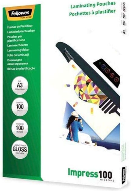 Fellowes Confezione da 100 buste per plastificazione da 100 micron - Formato A3 - Finitura lucida - Frecce indicatrici