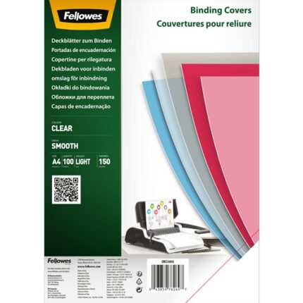 Fellowes Confezione da 100 copertine trasparenti in polietilene per documenti A4 - Spessore 150 micron - Utilizzabili con rilegatrici a spirale o ad anelli