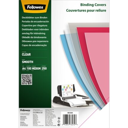 Fellowes Confezione da 100 copertine trasparenti in polietilene per documenti A4 - Spessore 250 micron - Ideali per rilegatrici a spirale o ad anelli