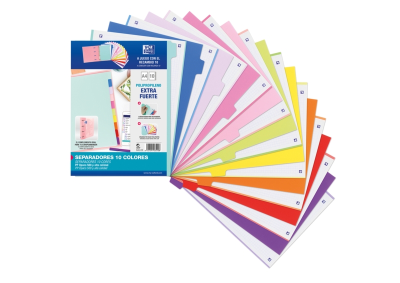 Separatori Oxford Strongline A4 - 10 posizioni - Colori diversi - 4 fori - Plastica opaca - 500 micron