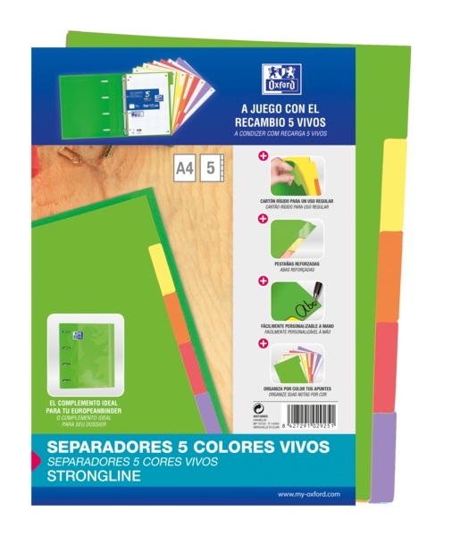 Oxford Strongline A4 Divisori a 5 posizioni - 4 fori - Cartoncino 200 g - Colori assortiti
