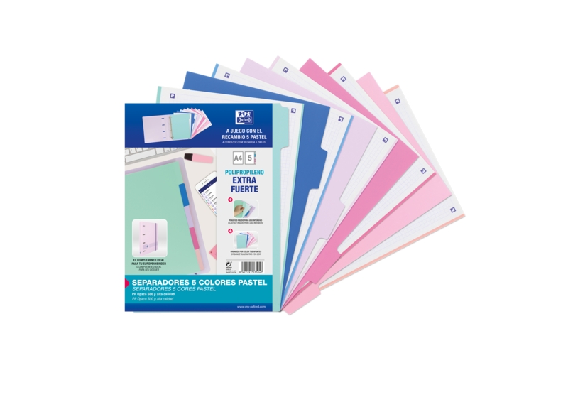Oxford Strongline A4 Divisori a 5 posizioni - Plastica opaca resistente - 4 fori per un facile inserimento - Spessore 500 micron - Formato standard A4 - Colori assortiti