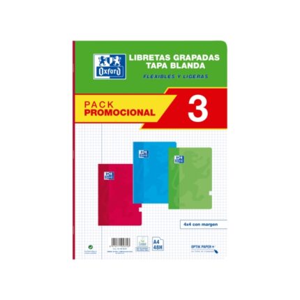 Oxford School Classic Pack 3 - Quaderno rilegato A4 - Copertina morbida - 4x4 con margine - 48 fogli - 3 colori