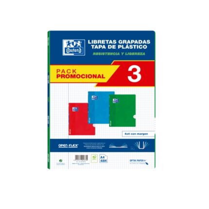 Oxford School Classic Pack 3 - Quaderno rilegato Openflex - Copertina in plastica A4 - 4x4 con margine - 48 fogli - 3 colori