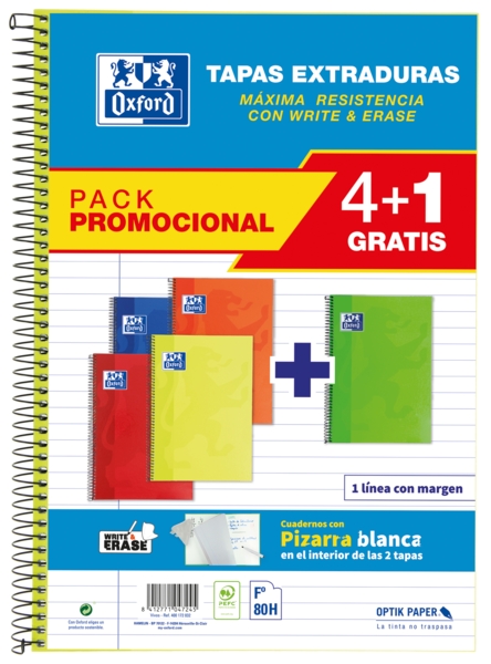 Oxford School Classic Write&Erase Pack 4+1 Fº - Quaderno a spirale - Copertina a scorrimento - 1 riga con margine - 80 fogli - Colori assortiti