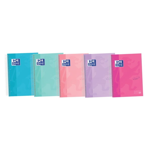 Oxford School Touch A5+ Europeanbook Taccuino a spirale 120 fogli a quadretti 5x5 con strisce colorate - Copertina rigida con tocco morbido - Colori pastello assortiti