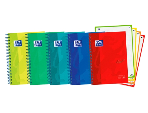Oxford School Touch A5+ Europeanbook Quaderno a spirale 120 fogli a quadretti 5x5 con strisce colorate - Copertina a scatto con tocco morbido - Colori assortiti