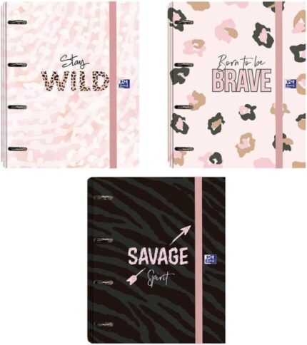 Oxford Animal Print Europeanbinder A4+ Raccoglitore ad anelli 4D 35 mm con ricambio 5x5 - Dorso da 45 mm - Copertina a strappo con chiusura elastica - 3 diversi design