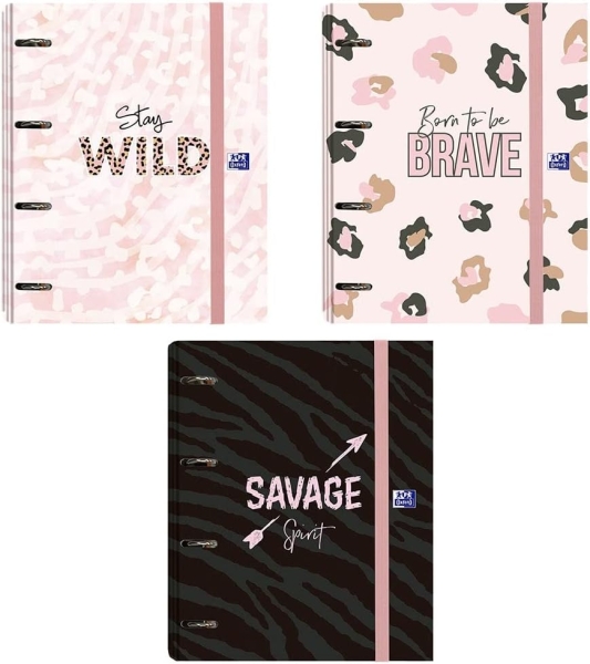 Oxford Animal Print Europeanbinder A4+ Raccoglitore ad anelli 4D 35 mm con ricambio 5x5 - Dorso da 45 mm - Copertina a strappo con chiusura elastica - 3 diversi design